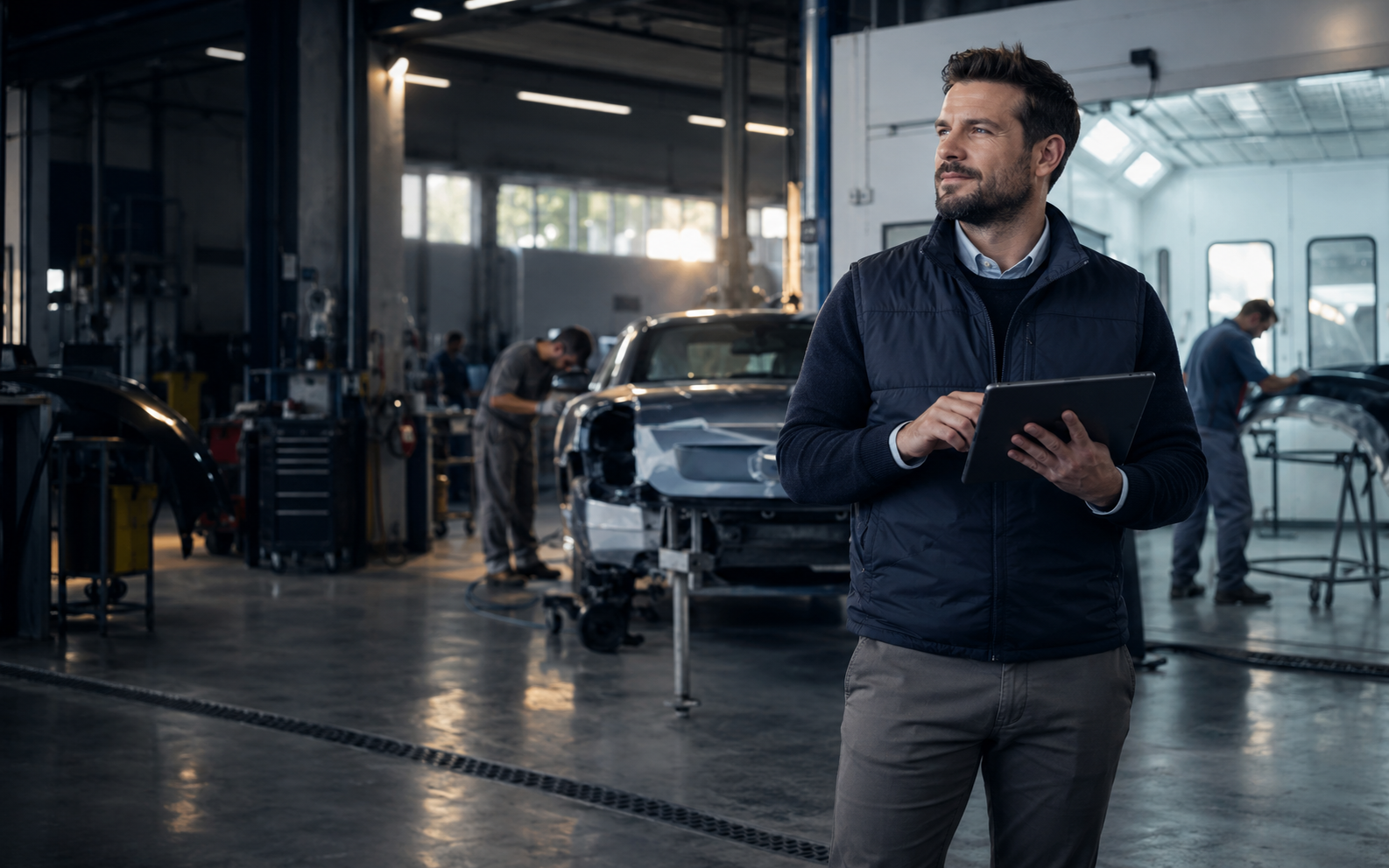 Responsabile di carrozzeria durante una giornata di lavoro